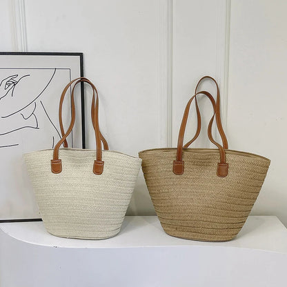 Sac Osier Tressé Femme – Grande Capacité, Anse Rigide & Style Bohème Plage Été