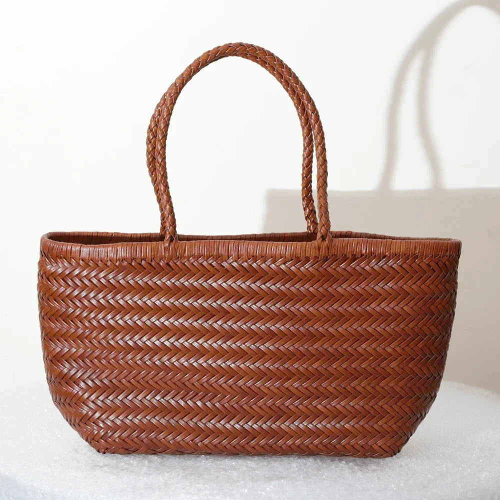 Grand Sac Cabas Femme en Cuir Véritable Tressé – Style Vintage, Double Anse & Grande Capacité