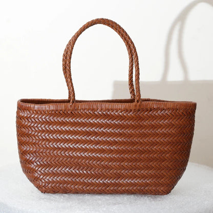 Grand Sac Cabas Femme en Cuir Véritable Tressé – Style Vintage, Double Anse & Grande Capacité