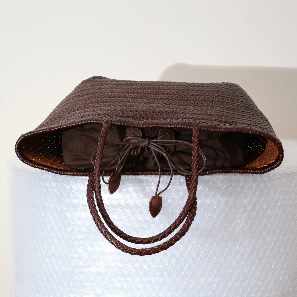 Grand Sac Cabas Femme en Cuir Véritable Tressé – Style Vintage, Double Anse & Grande Capacité