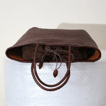 Grand Sac Cabas Femme en Cuir Véritable Tressé – Style Vintage, Double Anse & Grande Capacité