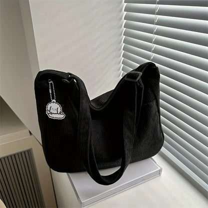 Sac Cabas Femme en Velours Côtelé – Grande Capacité, Fermeture Zip & Patch Chapeau