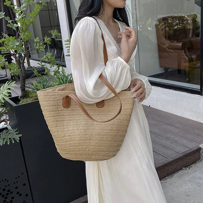 Sac Osier Tressé Femme – Grande Capacité, Anse Rigide & Style Bohème Plage Été
