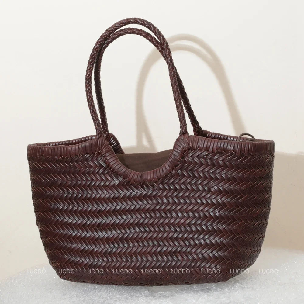 Grand Sac Cabas Femme en Cuir Véritable Tressé – Style Vintage, Double Anse & Grande Capacité