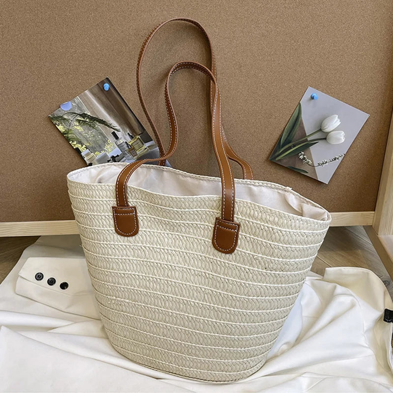 Sac Osier Tressé Femme – Grande Capacité, Anse Rigide & Style Bohème Plage Été