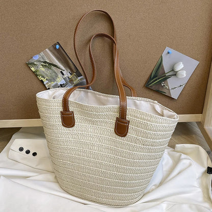 Sac Osier Tressé Femme – Grande Capacité, Anse Rigide & Style Bohème Plage Été
