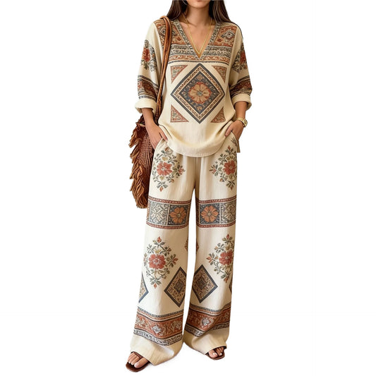Ensemble Boho 2 Pièces – Blouse Imprimée Col V & Pantalon Large Vacances