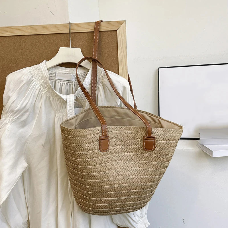 Sac Osier Tressé Femme – Grande Capacité, Anse Rigide & Style Bohème Plage Été
