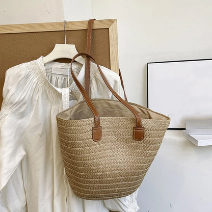 Sac Osier Tressé Femme – Grande Capacité, Anse Rigide & Style Bohème Plage Été