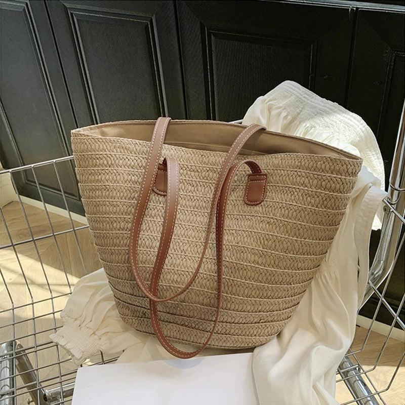 Sac Osier Tressé Femme – Grande Capacité, Anse Rigide & Style Bohème Plage Été