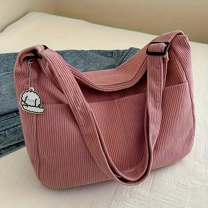 Sac Cabas Femme en Velours Côtelé – Grande Capacité, Fermeture Zip & Patch Chapeau