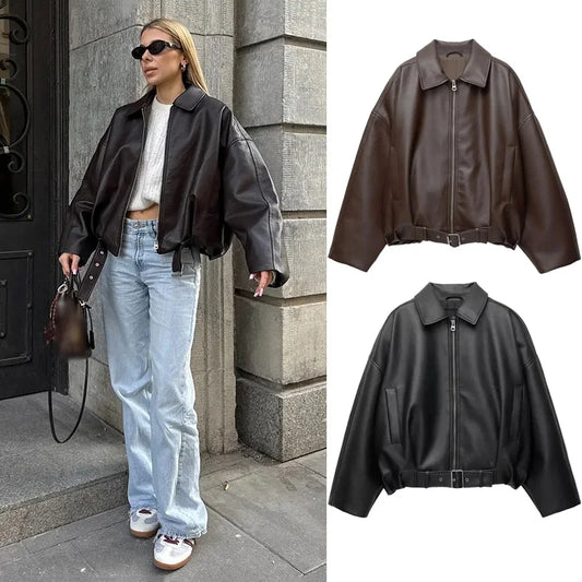 Blouson Bomber Cuir PU Vintage – Ceinturé, Streetwear & Style Rétro Femme