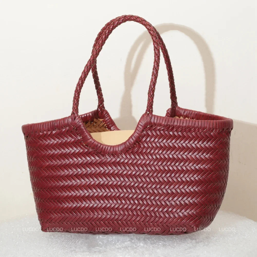 Grand Sac Cabas Femme en Cuir Véritable Tressé – Style Vintage, Double Anse & Grande Capacité