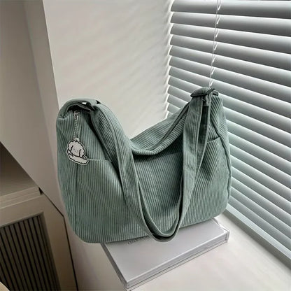Sac Cabas Femme en Velours Côtelé – Grande Capacité, Fermeture Zip & Patch Chapeau