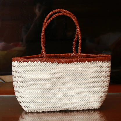 Grand Sac Cabas Femme en Cuir Véritable Tressé – Style Vintage, Double Anse & Grande Capacité