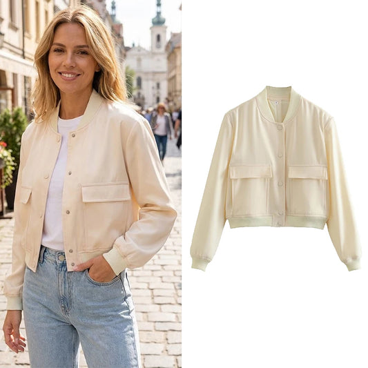 Blouson Bomber Uni Col V – Poches Pratiques & Style Chic Intemporel