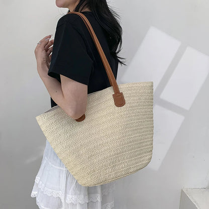 Sac Osier Tressé Femme – Grande Capacité, Anse Rigide & Style Bohème Plage Été