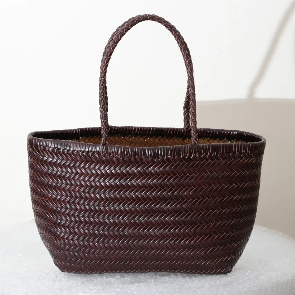 Grand Sac Cabas Femme en Cuir Véritable Tressé – Style Vintage, Double Anse & Grande Capacité