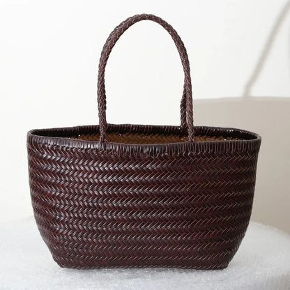 Grand Sac Cabas Femme en Cuir Véritable Tressé – Style Vintage, Double Anse & Grande Capacité